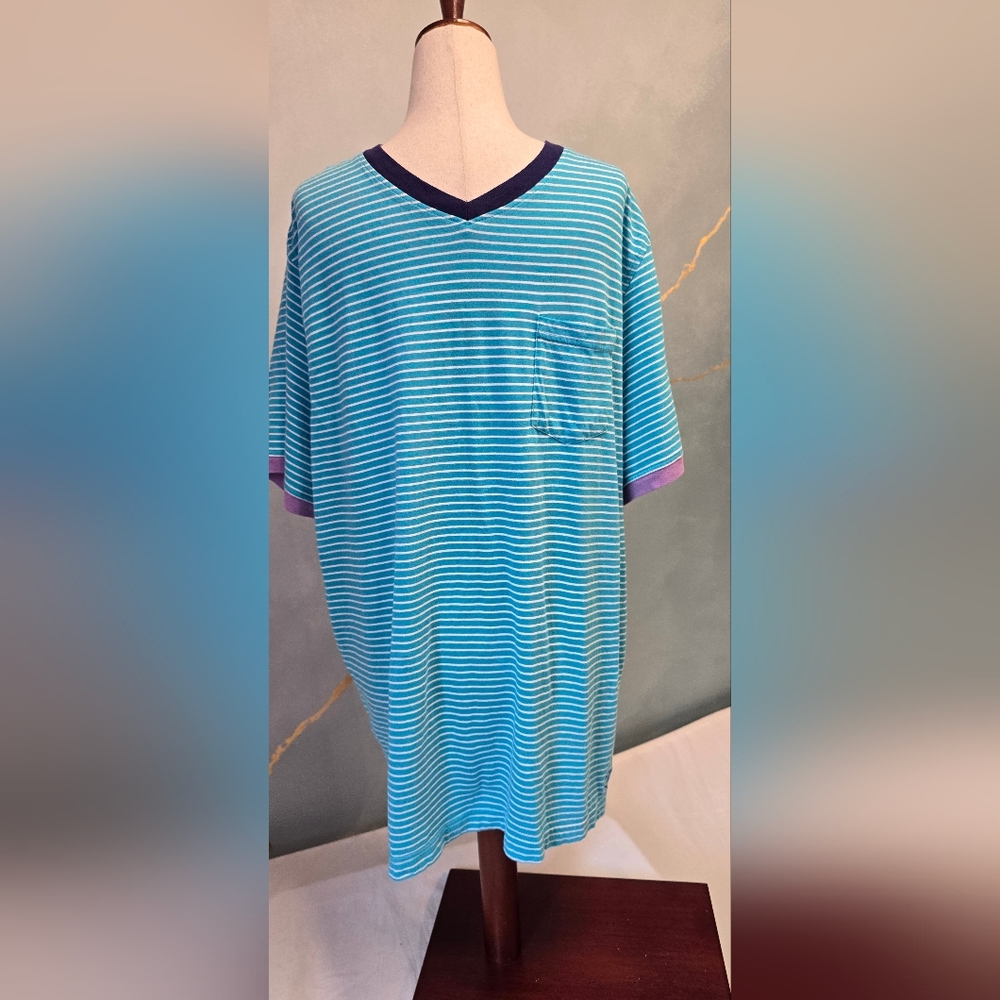 Kenneth Cole Teal Blue Striped V-Neck Tee with Navy & Purple Trim XL